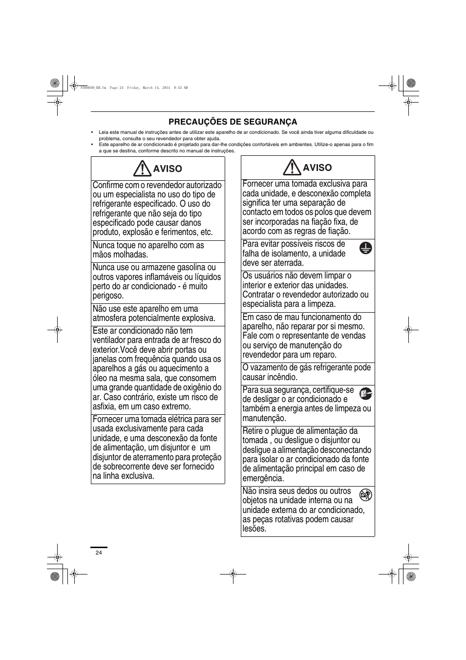 Precauções de segurança | Panasonic S73MZ1H4A User Manual | Page 24 / 68