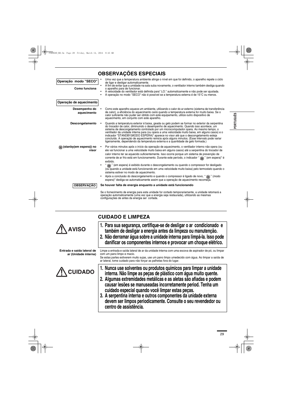 Observações especiais cuidado e limpeza | Panasonic S73MZ1H4A User Manual | Page 29 / 68