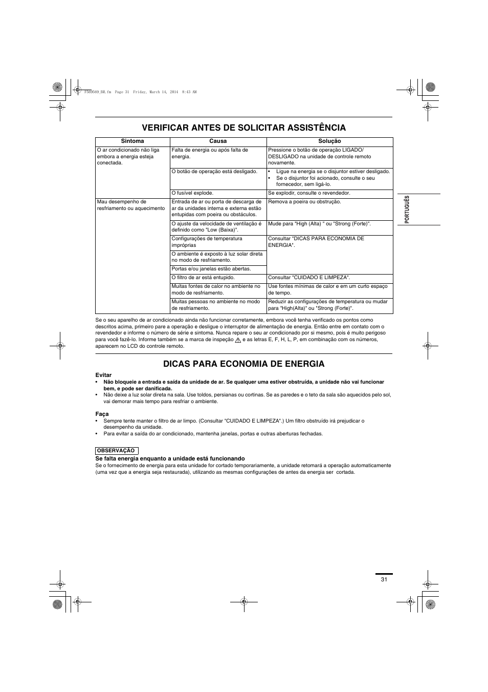 Verificar antes de solicitar assistência, Dicas para economia de energia | Panasonic S73MZ1H4A User Manual | Page 31 / 68