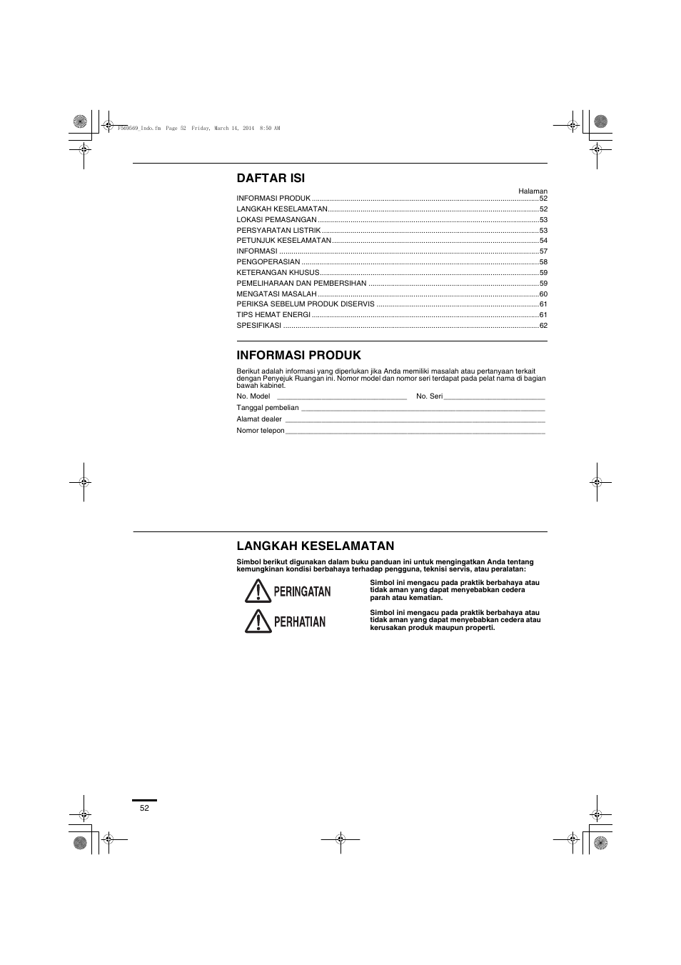 Daftar isi, Informasi produk, Langkah keselamatan | Panasonic S73MZ1H4A User Manual | Page 52 / 68
