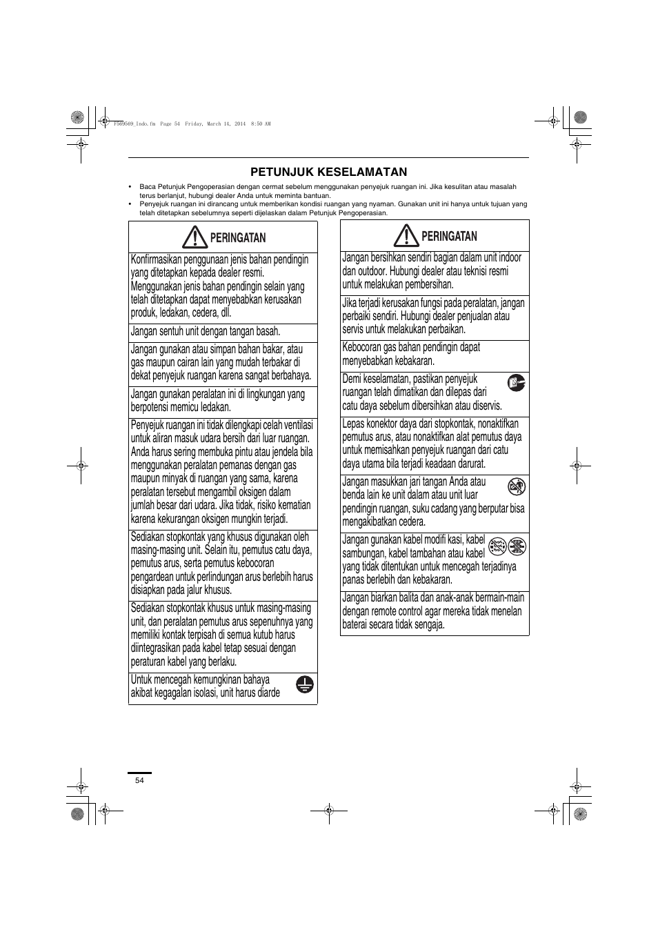 Petunjuk keselamatan | Panasonic S73MZ1H4A User Manual | Page 54 / 68