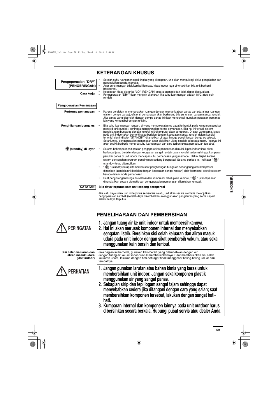 Keterangan khusus pemeliharaan dan pembersihan | Panasonic S73MZ1H4A User Manual | Page 59 / 68
