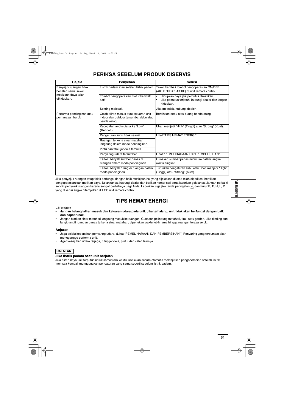 Periksa sebelum produk diservis, Tips hemat energi | Panasonic S73MZ1H4A User Manual | Page 61 / 68