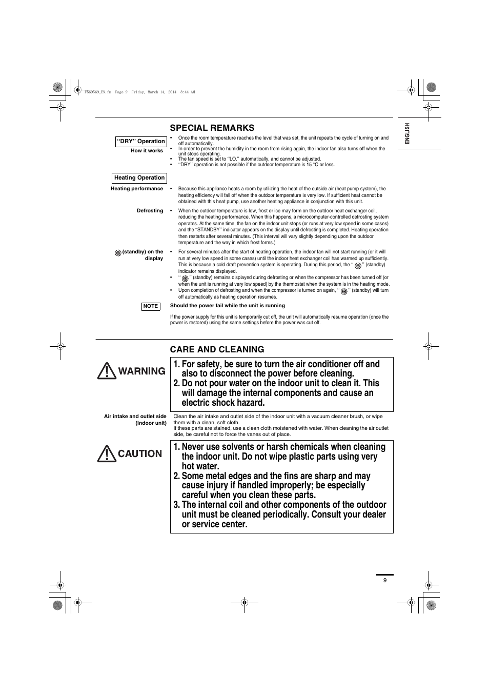 Special remarks care and cleaning | Panasonic S73MZ1H4A User Manual | Page 9 / 68