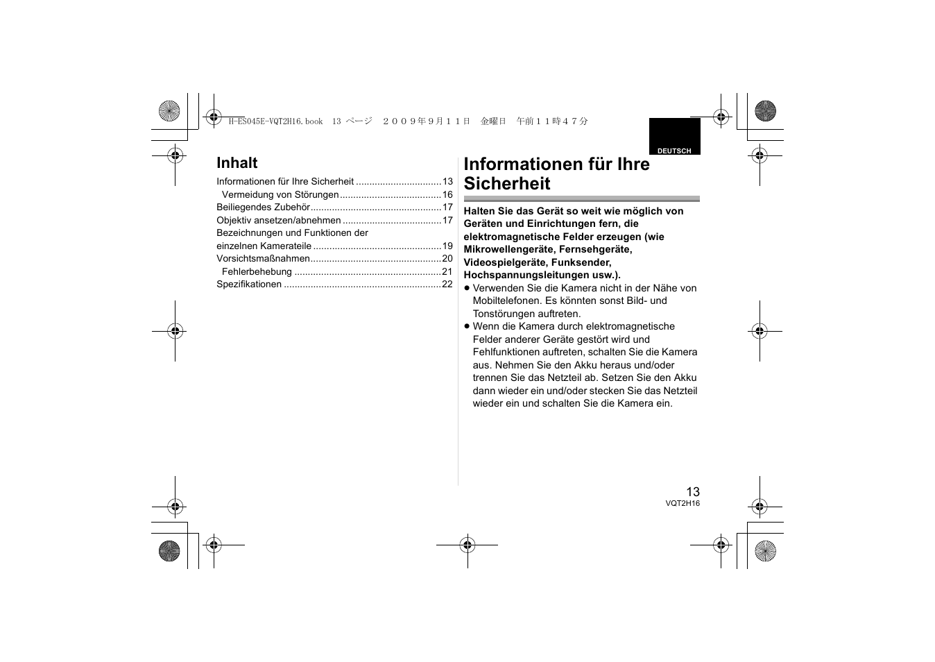 Informationen für ihre sicherheit, Inhalt | Panasonic HES045E User Manual | Page 13 / 80