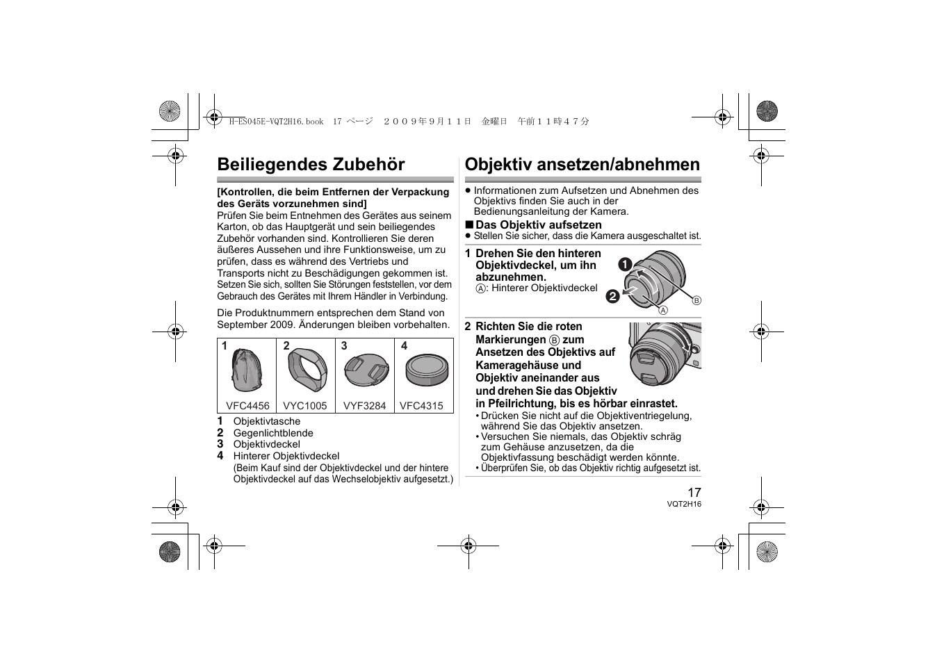 Beiliegendes zubehör, Objektiv ansetzen/abnehmen | Panasonic HES045E User Manual | Page 17 / 80