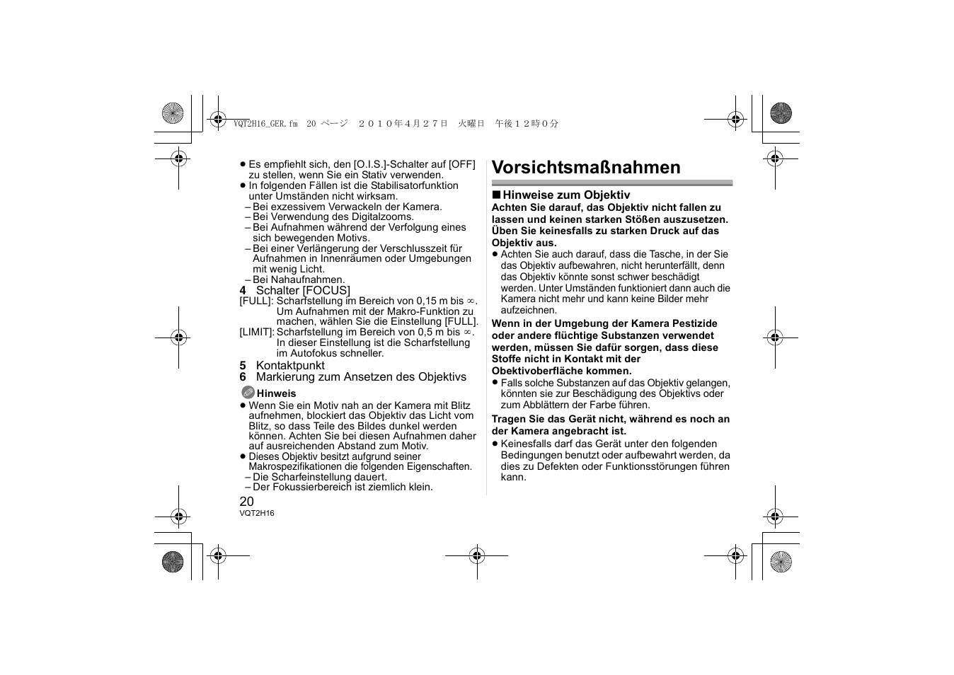 Vorsichtsmaßnahmen | Panasonic HES045E User Manual | Page 20 / 80