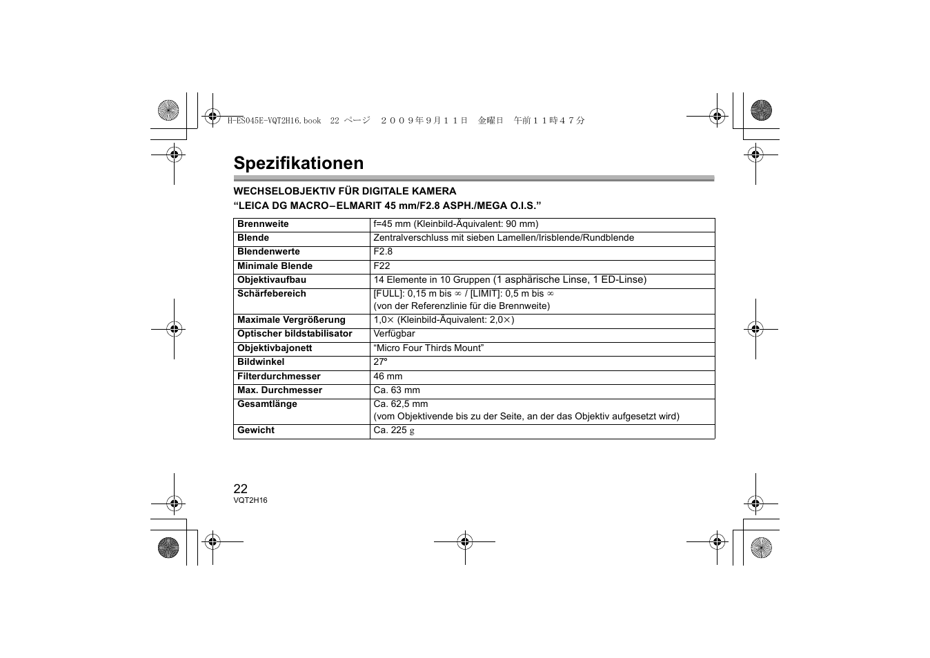 Spezifikationen | Panasonic HES045E User Manual | Page 22 / 80