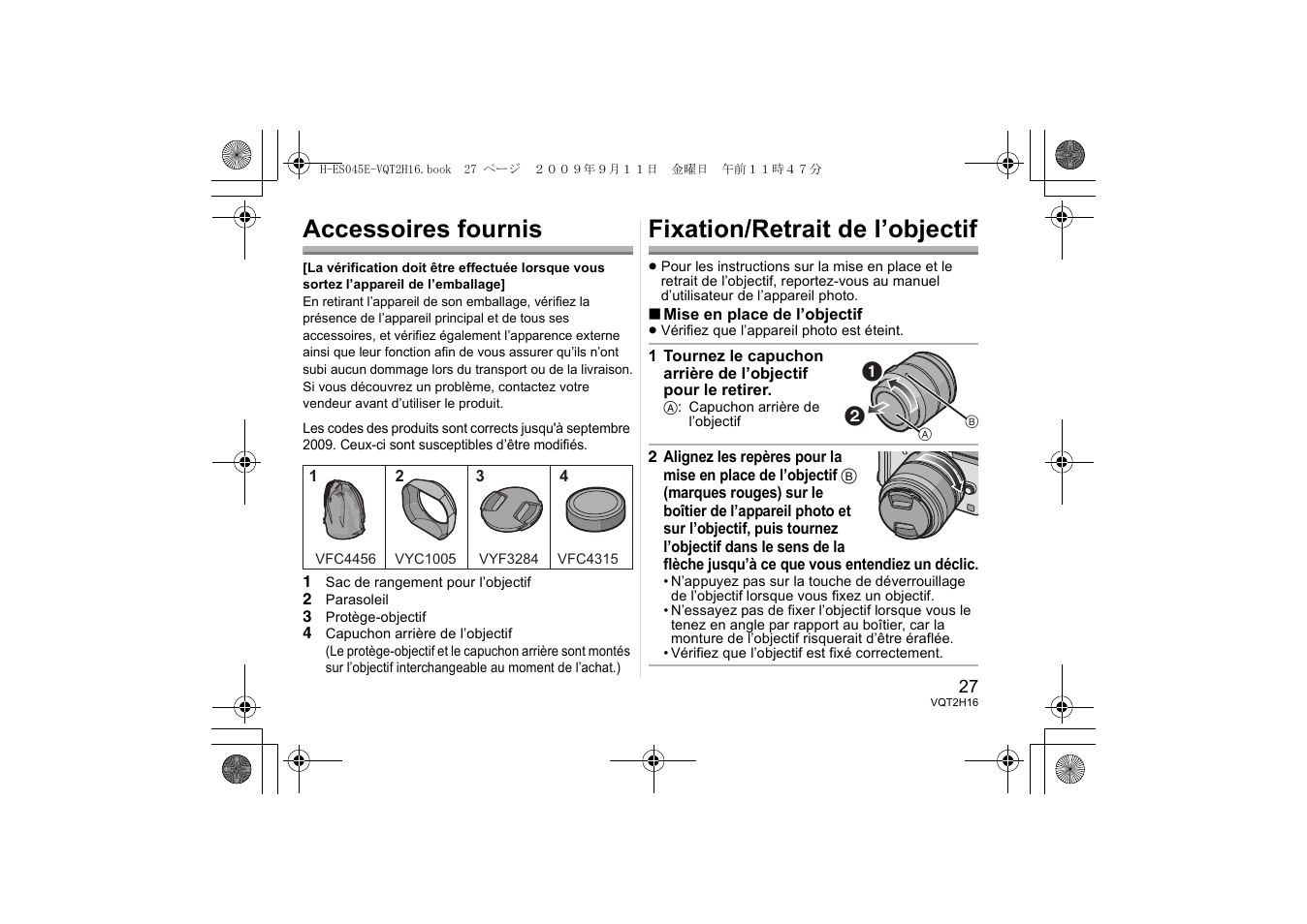 Accessoires fournis, Fixation/retrait de l’objectif | Panasonic HES045E User Manual | Page 27 / 80