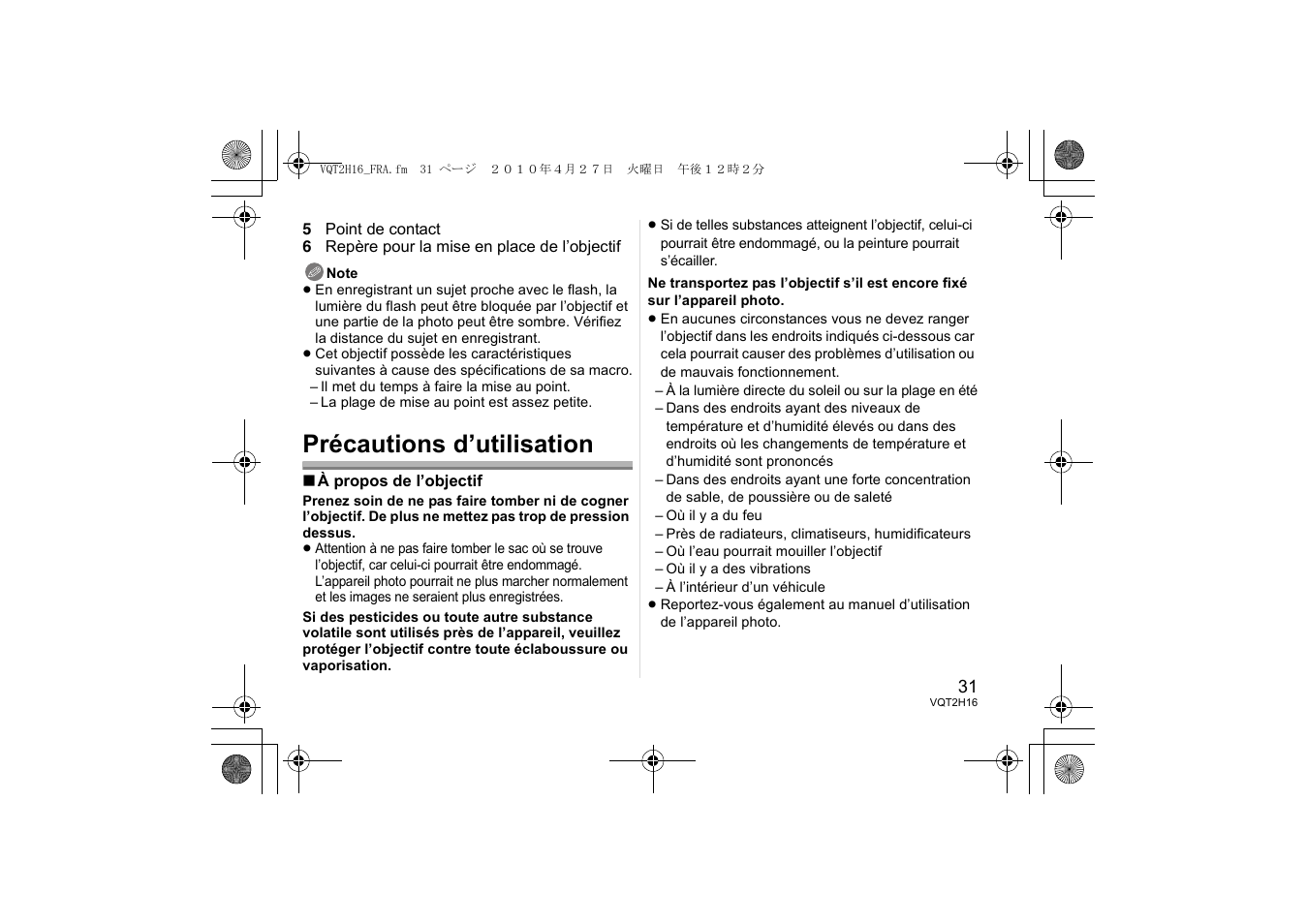 Précautions d’utilisation | Panasonic HES045E User Manual | Page 31 / 80
