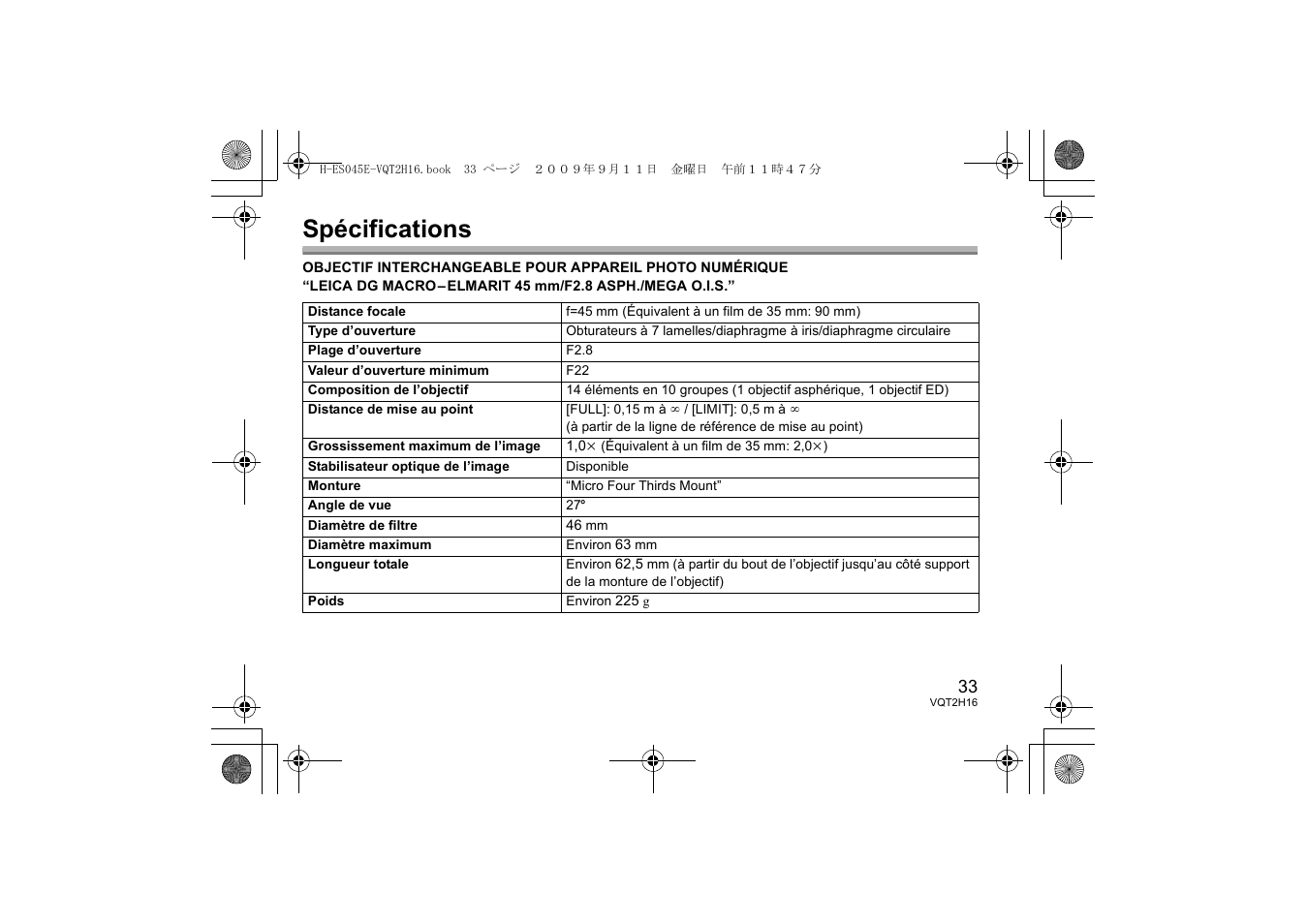 Spécifications | Panasonic HES045E User Manual | Page 33 / 80