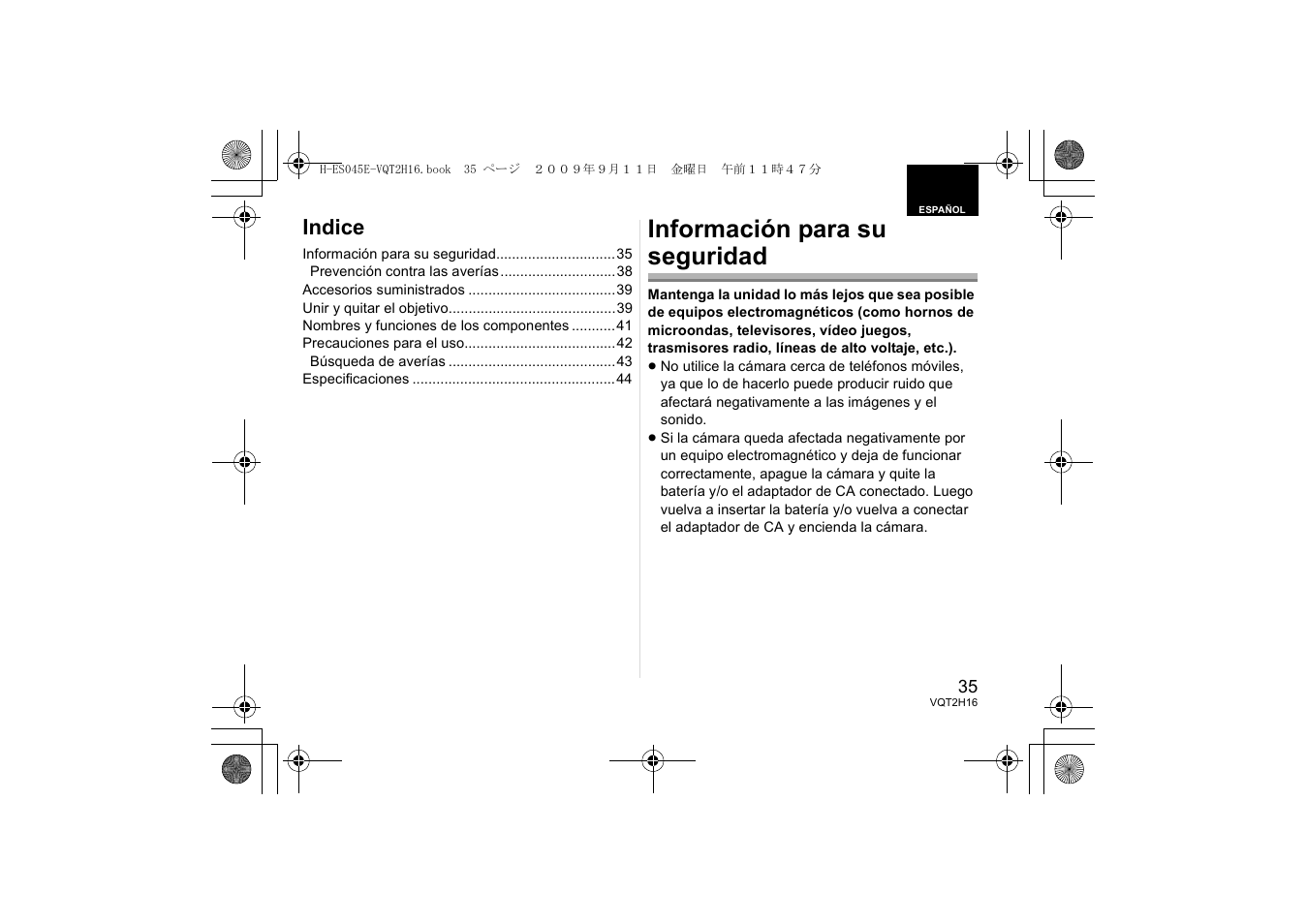 Información para su seguridad, Indice | Panasonic HES045E User Manual | Page 35 / 80