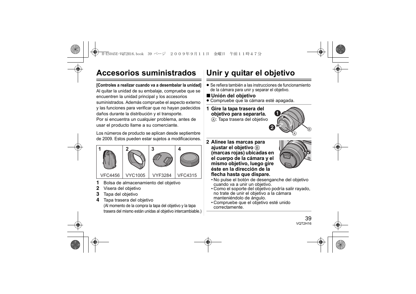 Accesorios suministrados, Unir y quitar el objetivo | Panasonic HES045E User Manual | Page 39 / 80