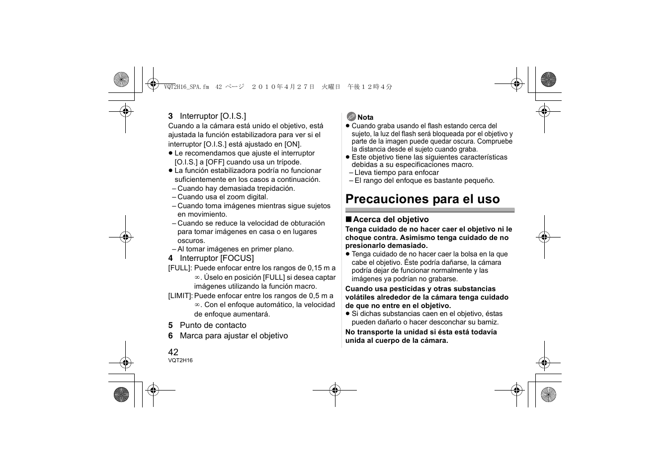 Precauciones para el uso | Panasonic HES045E User Manual | Page 42 / 80