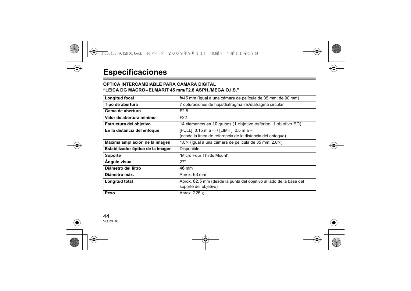 Especificaciones | Panasonic HES045E User Manual | Page 44 / 80