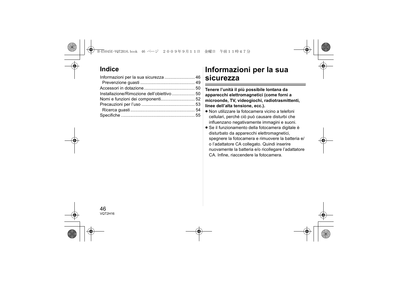 Informazioni per la sua sicurezza, Indice | Panasonic HES045E User Manual | Page 46 / 80