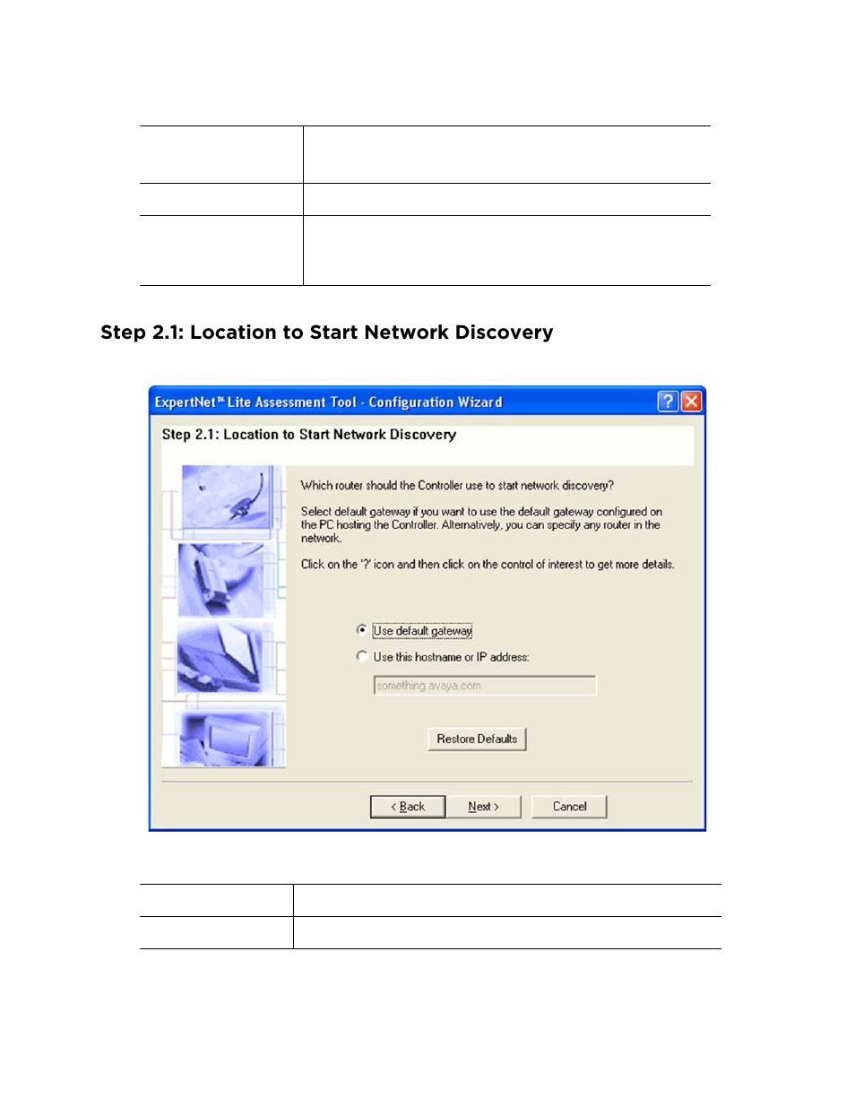 Step 2.1: location to start network discovery | Avaya ExpertNet Lite Assessment Tool ELAT User Manual | Page 10 / 47