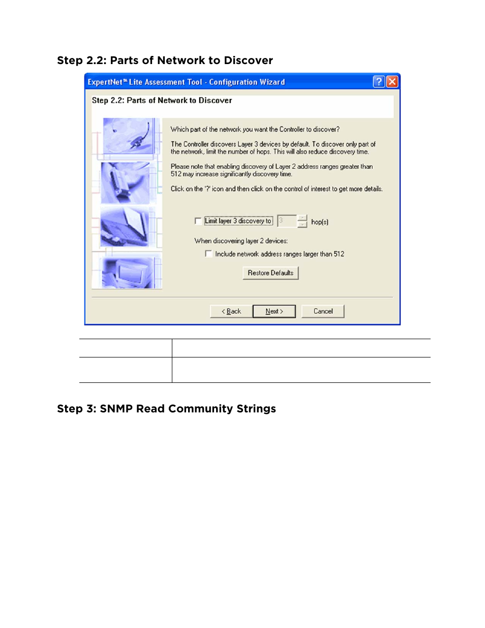 Step 2.2: parts of network to discover, Step 3: snmp read community strings | Avaya ExpertNet Lite Assessment Tool ELAT User Manual | Page 11 / 47