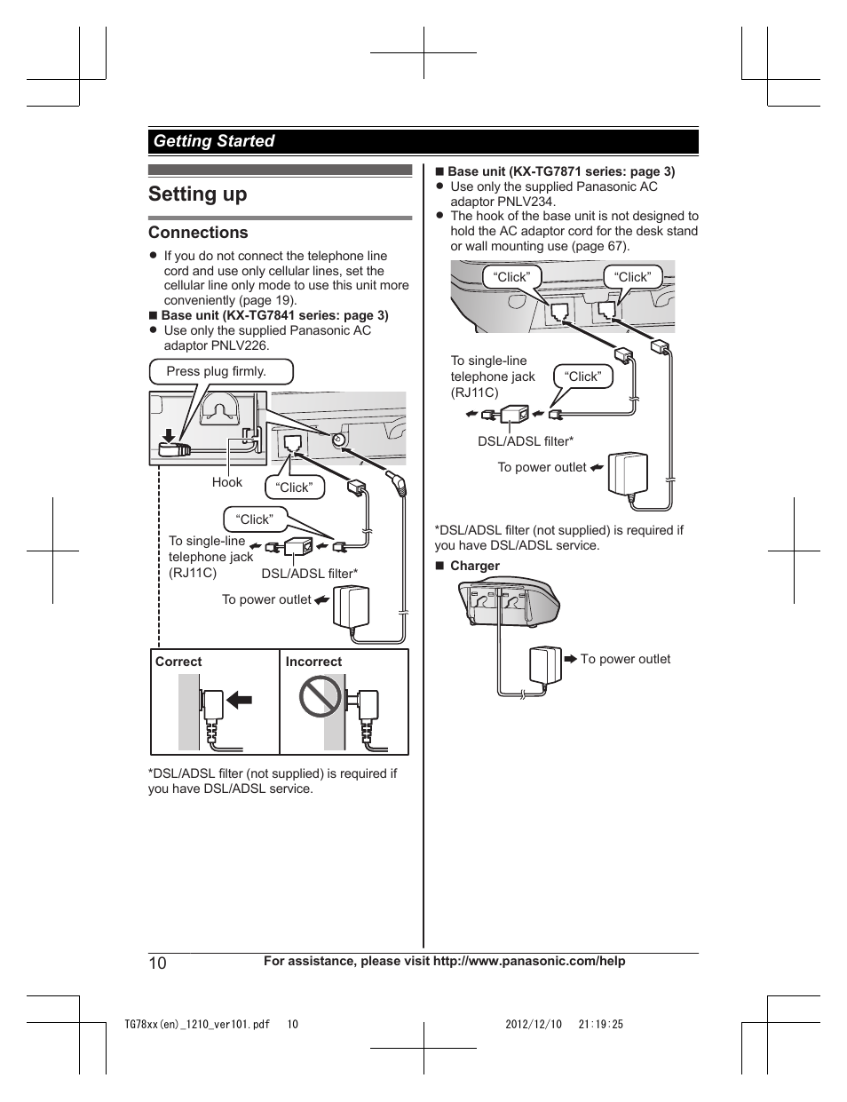 Getting started, Setting up, Connections | Panasonic KXTG7873 User Manual | Page 10 / 96