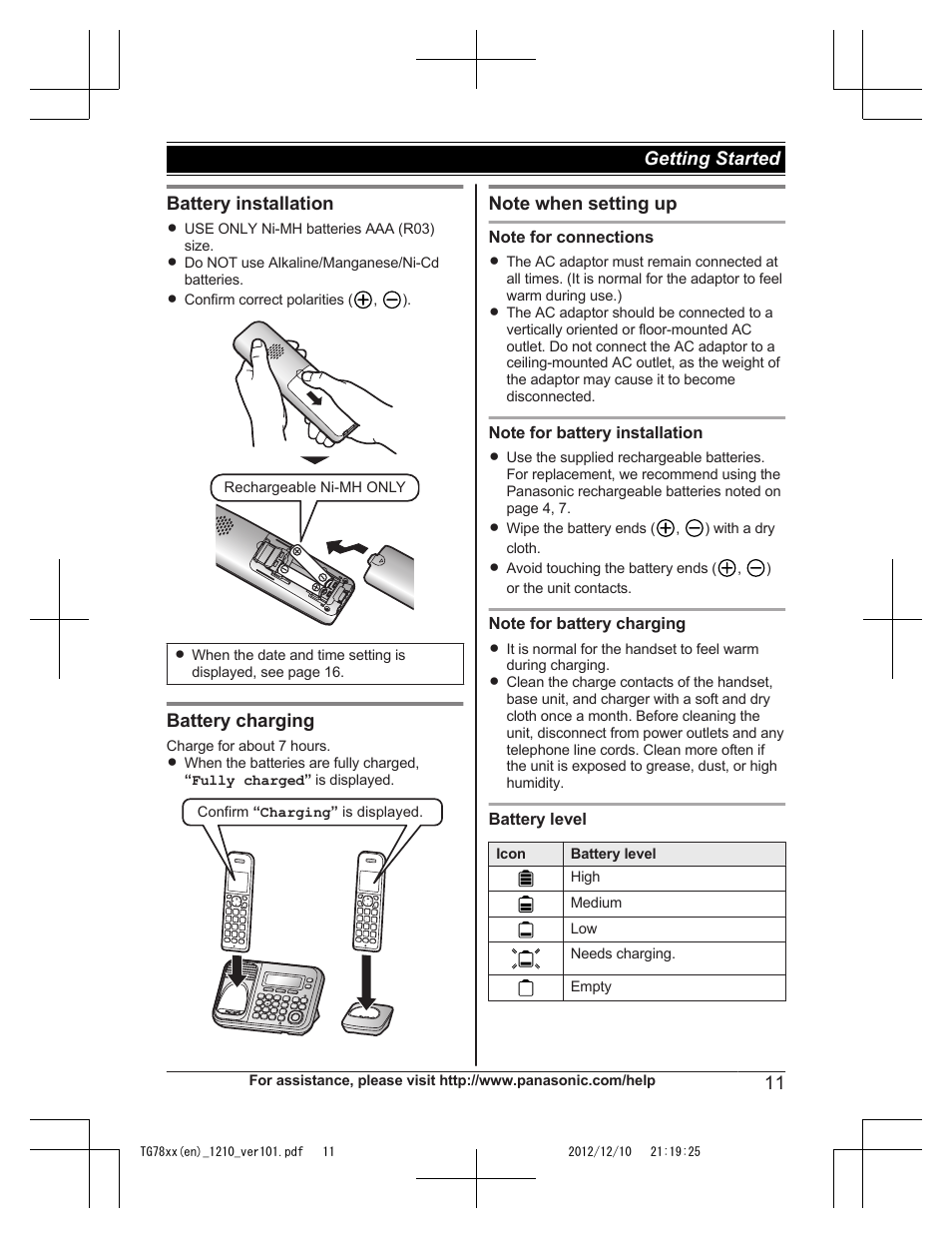 Battery installation, Battery charging, 11 getting started | Panasonic KXTG7873 User Manual | Page 11 / 96