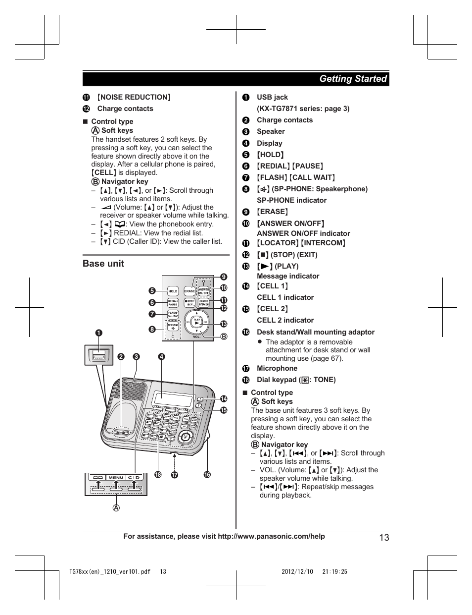 Base unit, 13 getting started | Panasonic KXTG7873 User Manual | Page 13 / 96