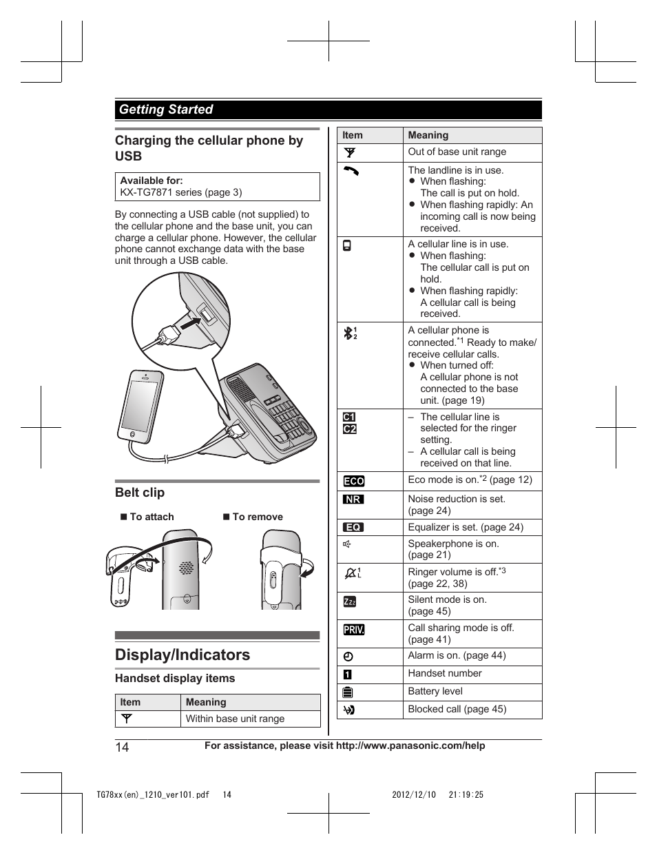 Display/indicators, Charging the cellular phone by usb, Belt clip | Getting started | Panasonic KXTG7873 User Manual | Page 14 / 96