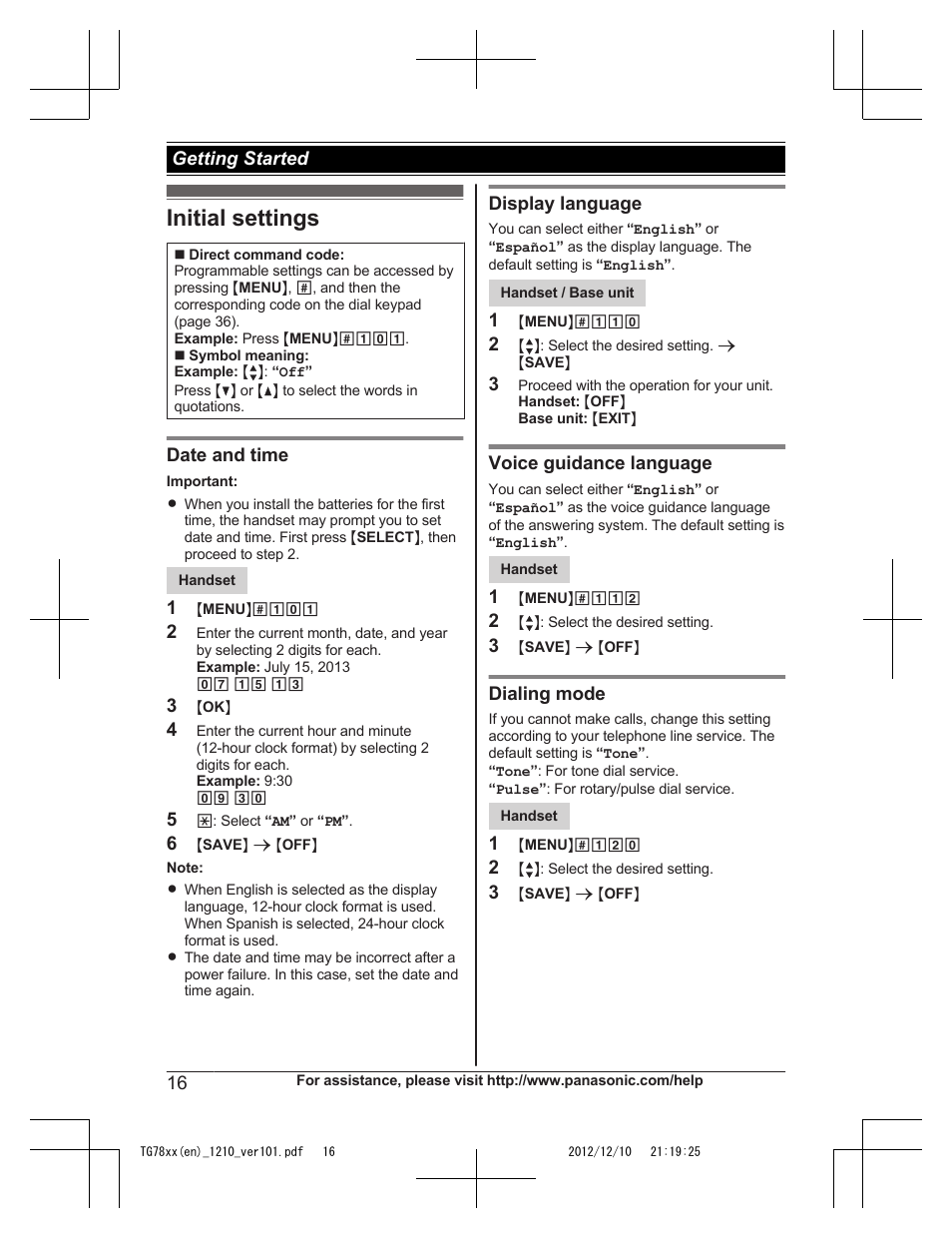 Initial settings | Panasonic KXTG7873 User Manual | Page 16 / 96