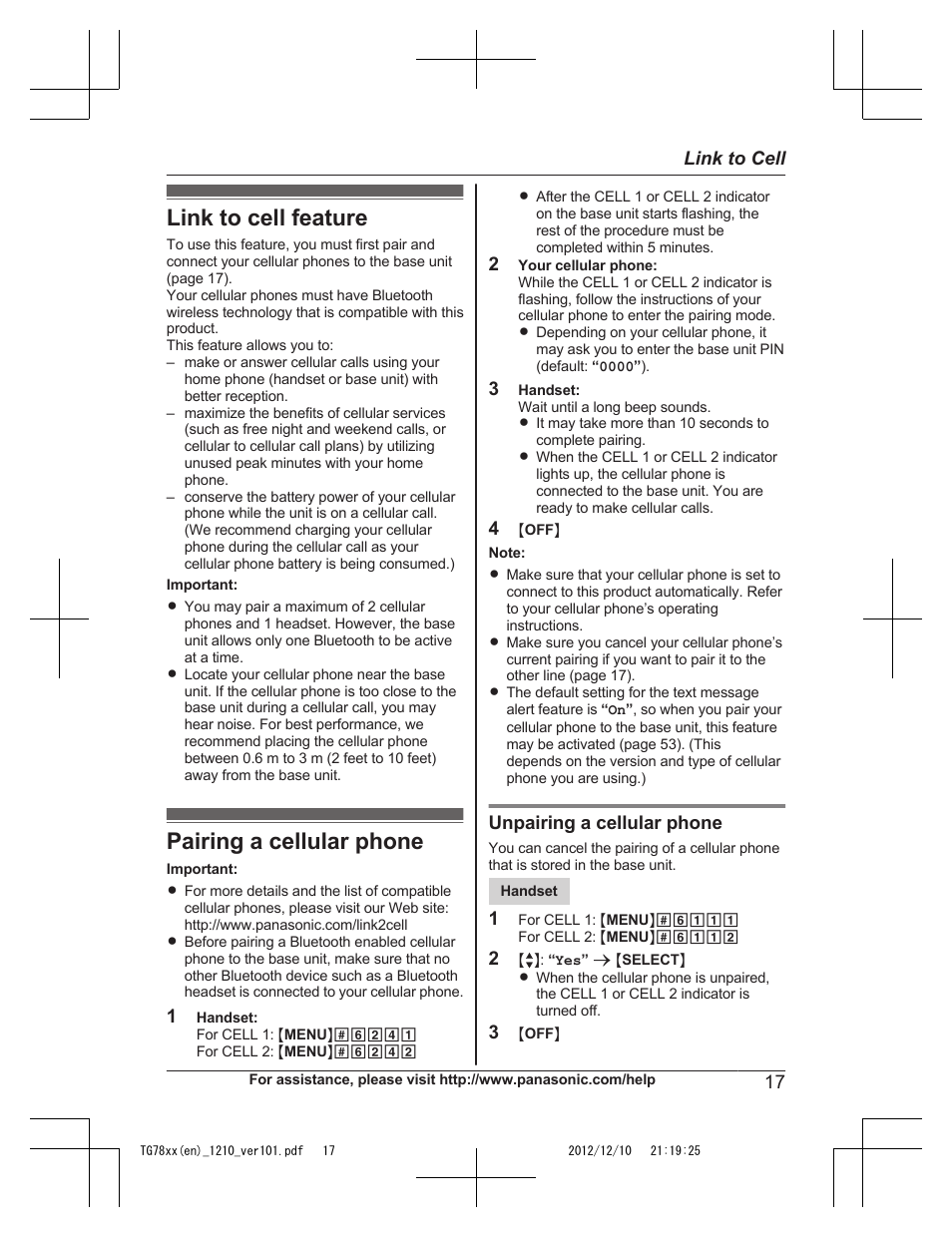 Link to cell, Link to cell feature, Pairing a cellular phone | Link to cell feature pairing a cellular phone | Panasonic KXTG7873 User Manual | Page 17 / 96