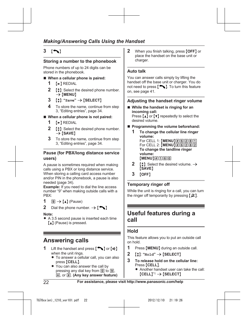 Answering calls, Useful features during a call, Answering calls useful features during a call | Panasonic KXTG7873 User Manual | Page 22 / 96