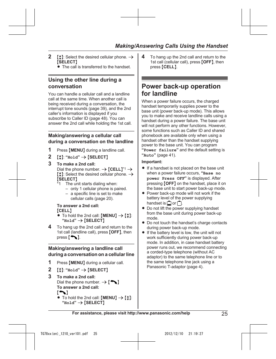 Power back-up operation for landline | Panasonic KXTG7873 User Manual | Page 25 / 96