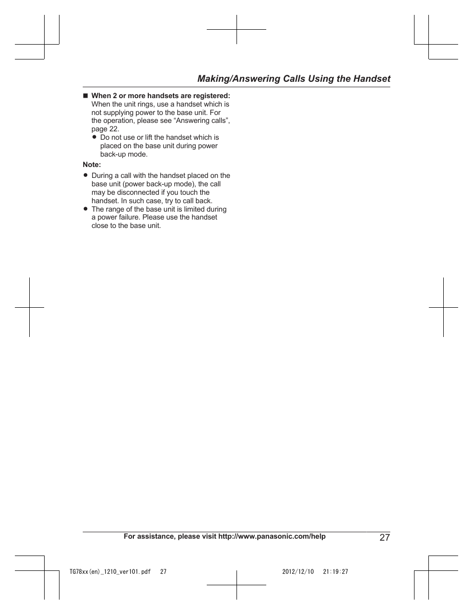 27 making/answering calls using the handset | Panasonic KXTG7873 User Manual | Page 27 / 96