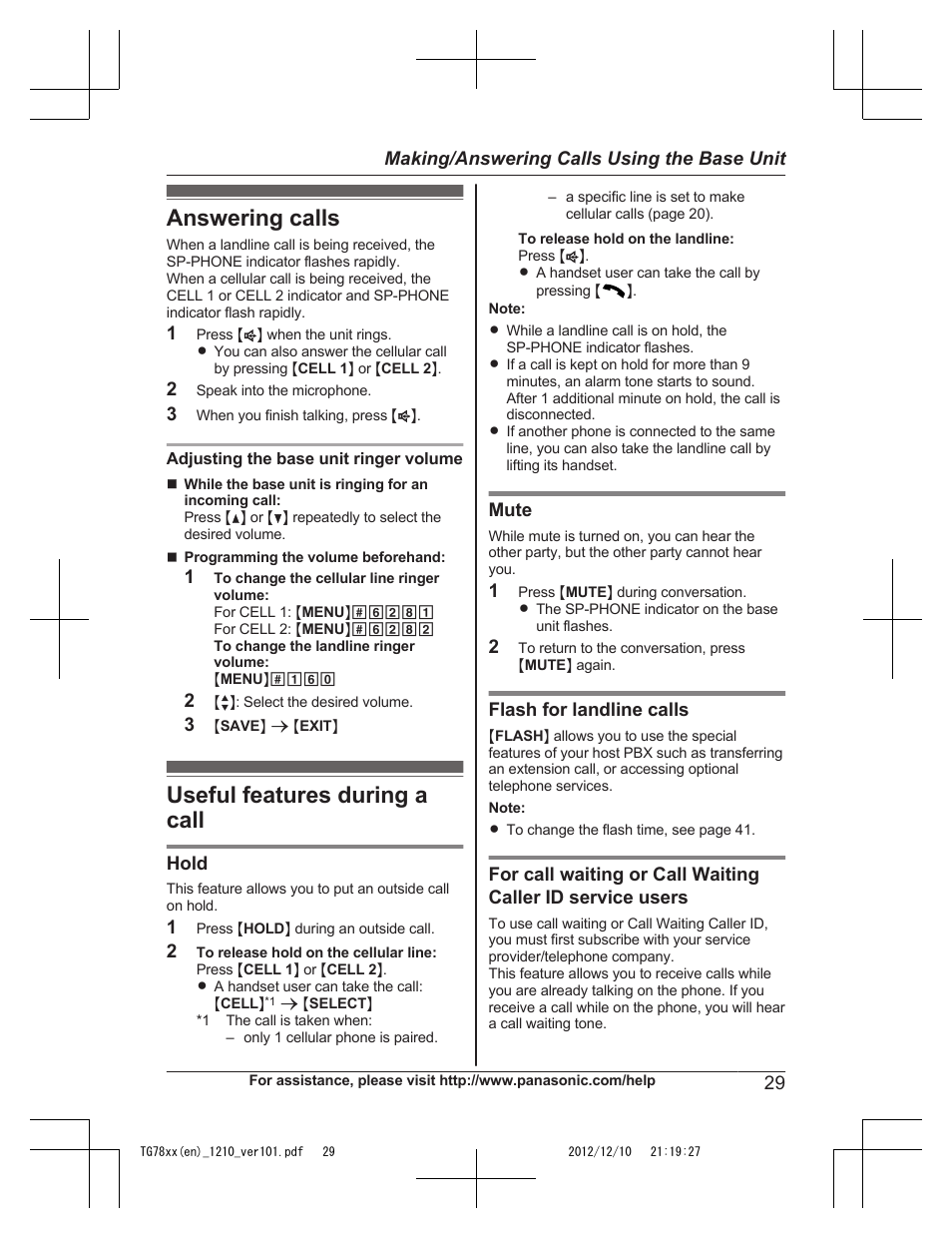 Answering calls, Useful features during a call, Answering calls useful features during a call | Panasonic KXTG7873 User Manual | Page 29 / 96