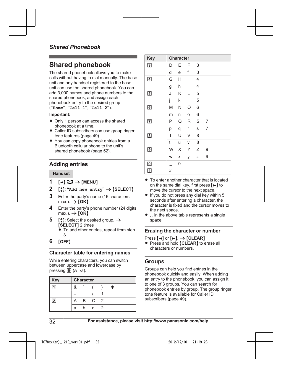 Shared phonebook, Adding entries, Groups | Panasonic KXTG7873 User Manual | Page 32 / 96