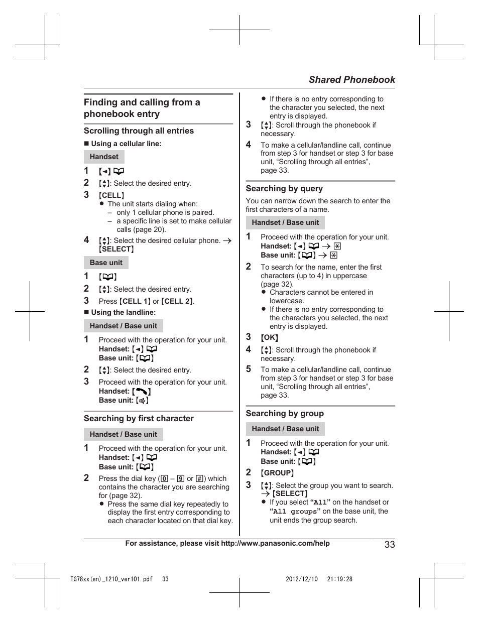 Finding and calling from a phonebook entry | Panasonic KXTG7873 User Manual | Page 33 / 96