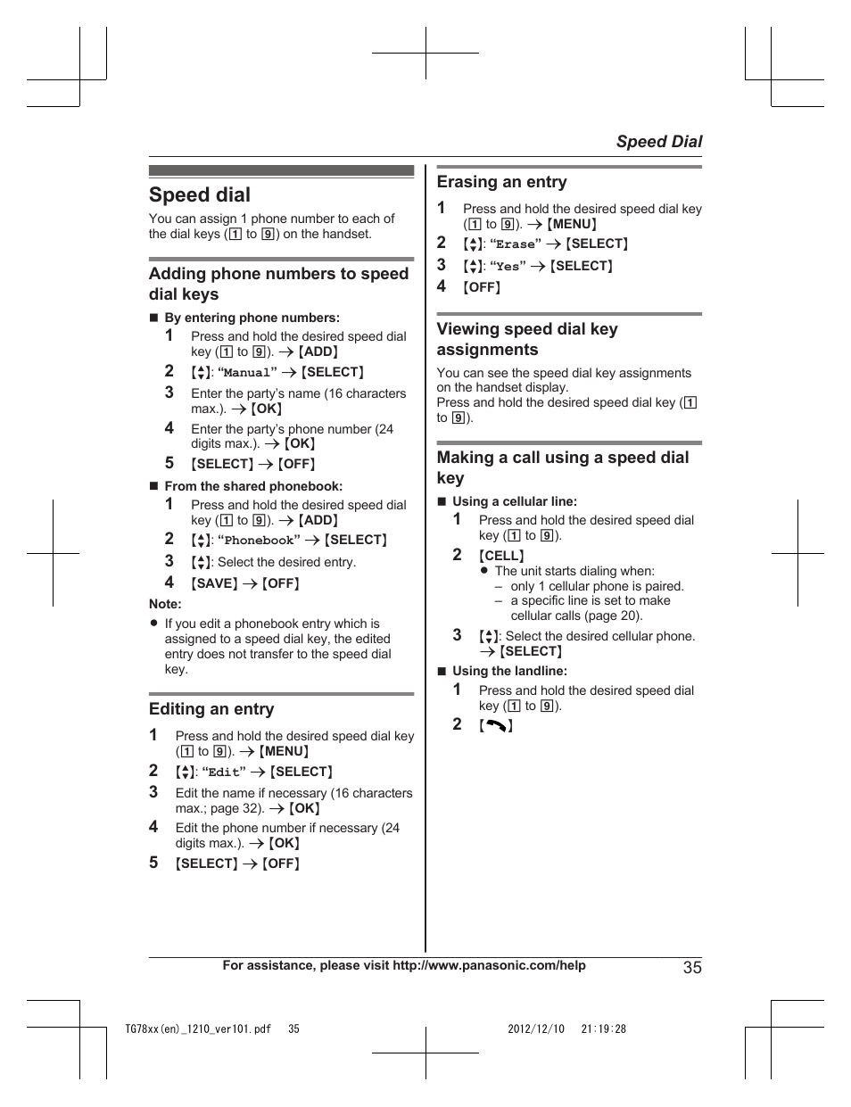 Speed dial | Panasonic KXTG7873 User Manual | Page 35 / 96