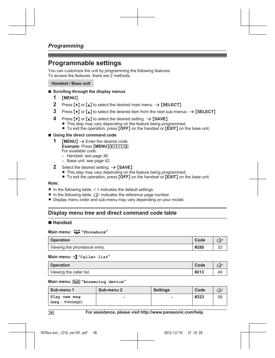 Programming, Programmable settings | Panasonic KXTG7873 User Manual | Page 36 / 96