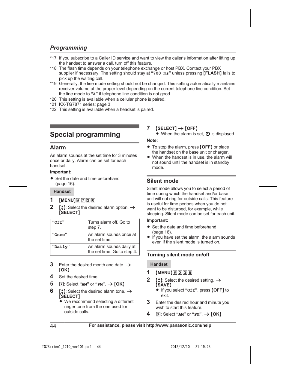 Special programming | Panasonic KXTG7873 User Manual | Page 44 / 96