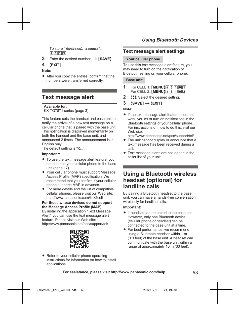 Text message alert | Panasonic KXTG7873 User Manual | Page 53 / 96