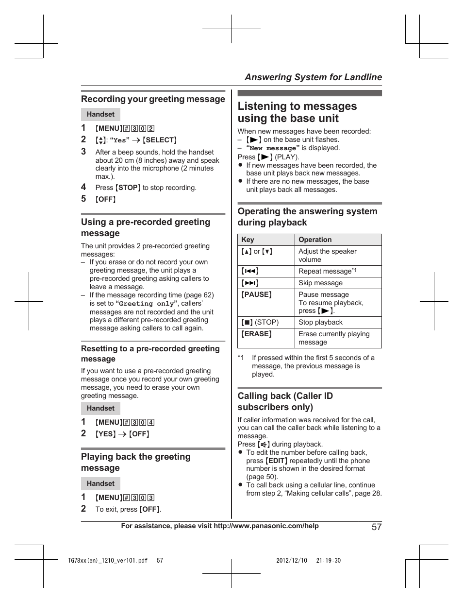 Listening to messages using the base unit | Panasonic KXTG7873 User Manual | Page 57 / 96