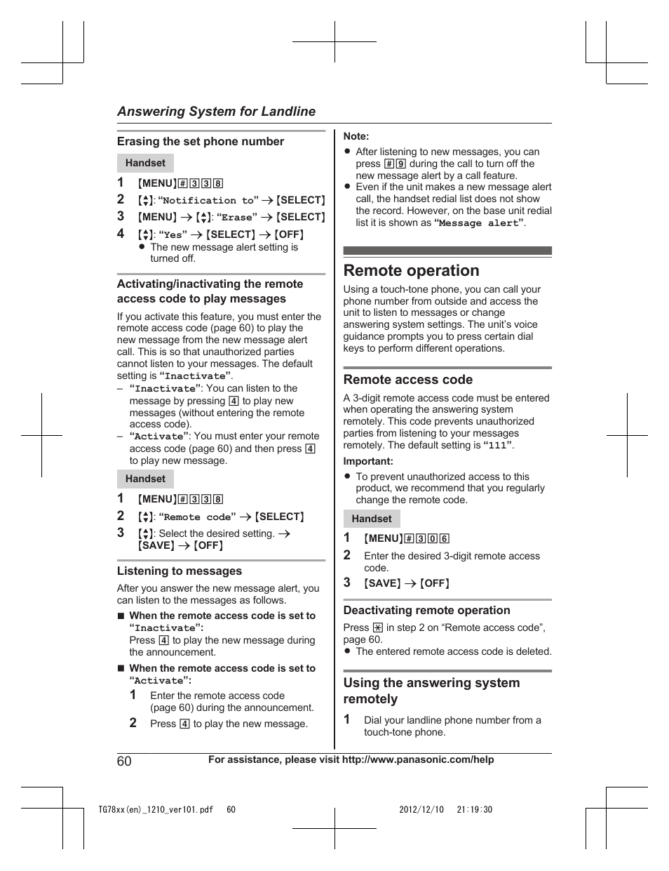 Remote operation | Panasonic KXTG7873 User Manual | Page 60 / 96