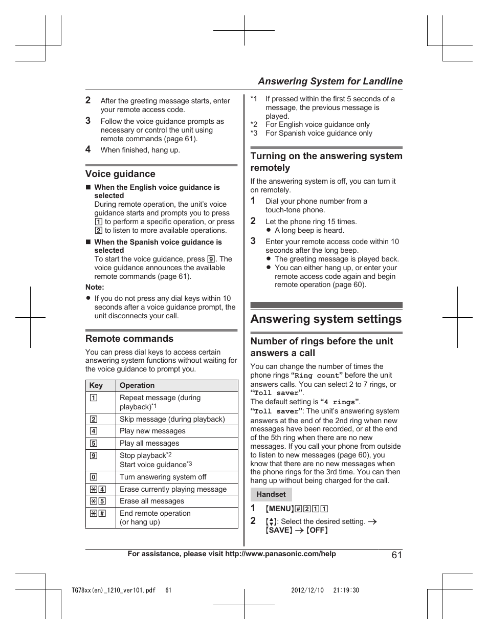 Answering system settings | Panasonic KXTG7873 User Manual | Page 61 / 96