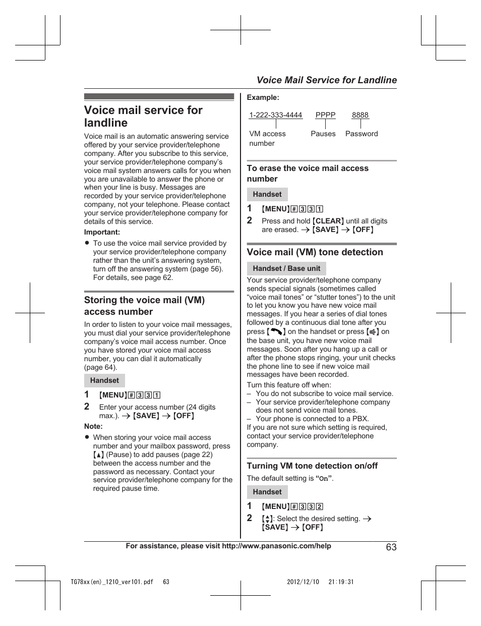 Voice mail service for landline | Panasonic KXTG7873 User Manual | Page 63 / 96