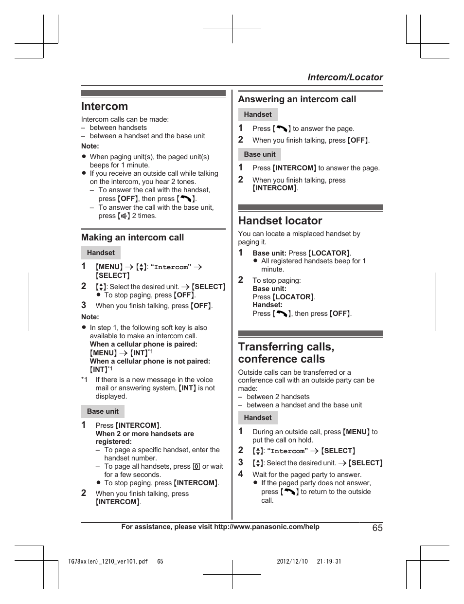 Intercom/locator, Intercom, Handset locator | Transferring calls, conference calls | Panasonic KXTG7873 User Manual | Page 65 / 96