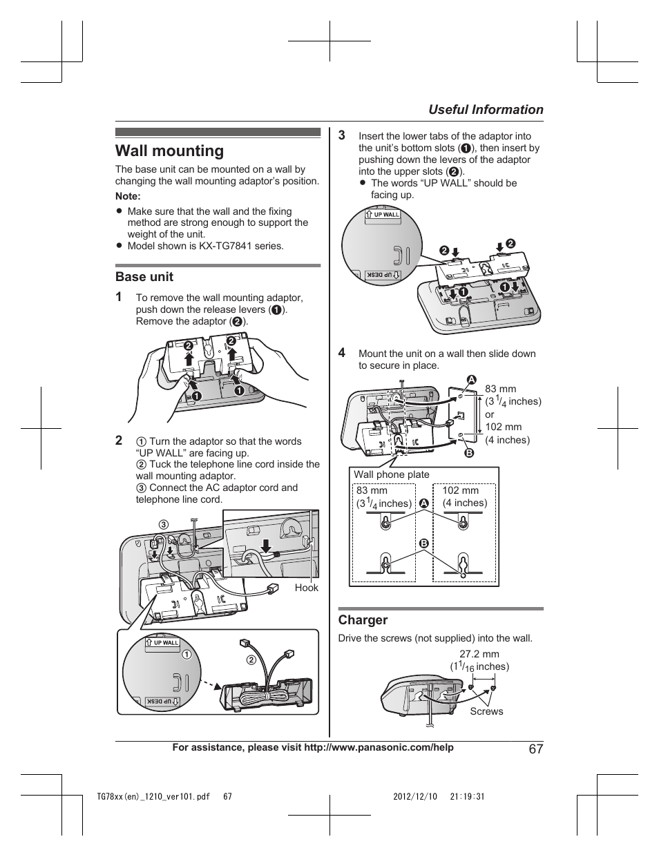 Useful information, Wall mounting, Base unit 1 | Charger, 67 useful information | Panasonic KXTG7873 User Manual | Page 67 / 96