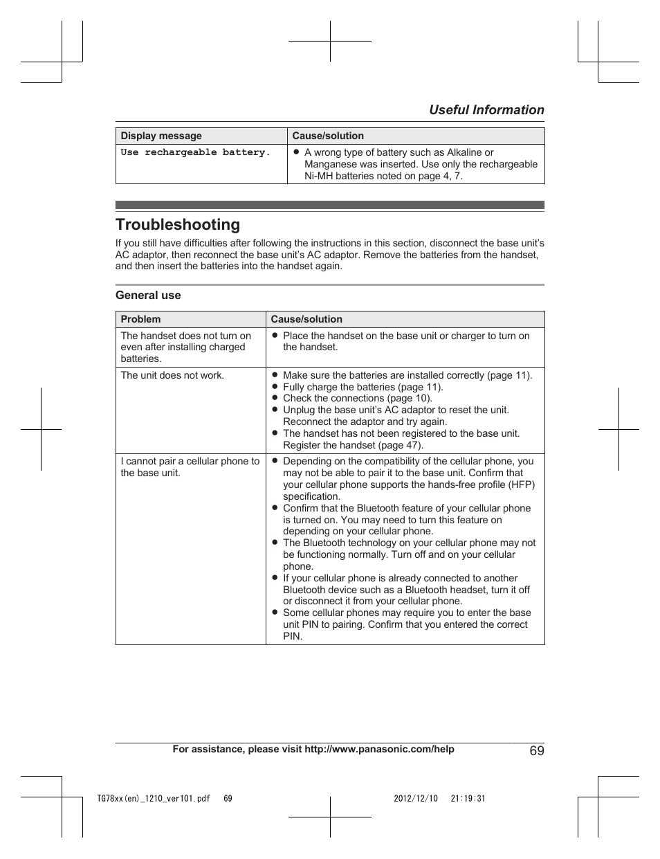 Troubleshooting, 69 useful information | Panasonic KXTG7873 User Manual | Page 69 / 96