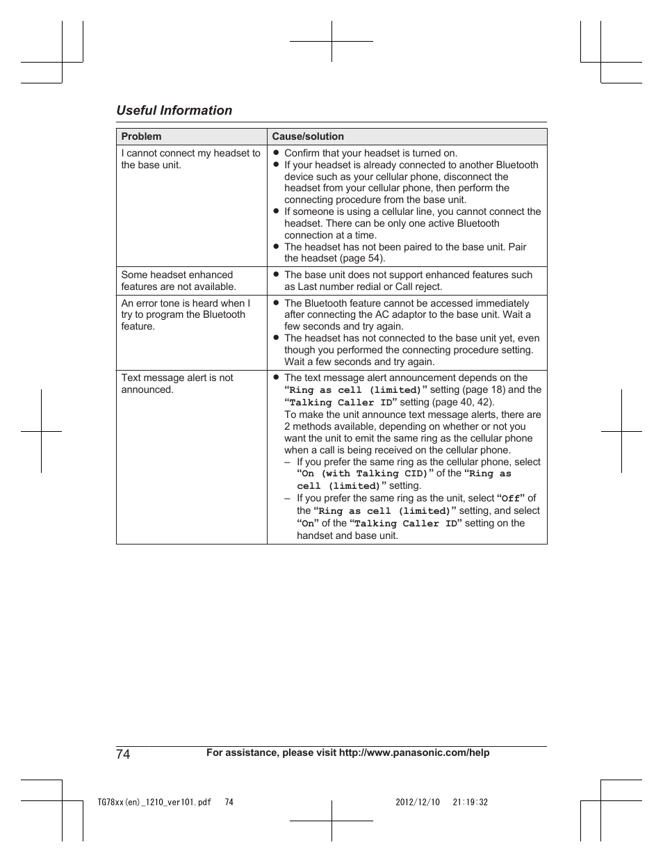 Useful information | Panasonic KXTG7873 User Manual | Page 74 / 96