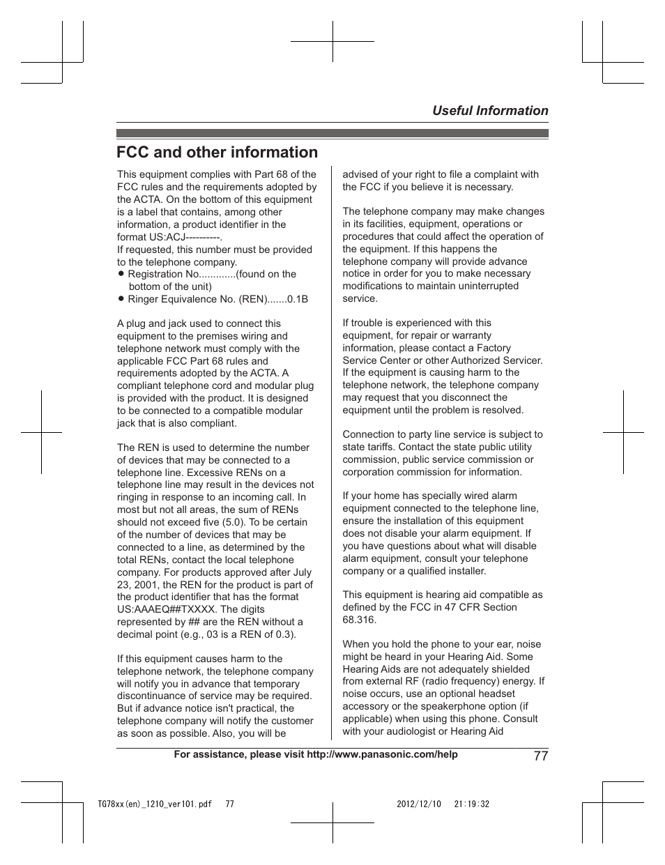 Fcc and other information | Panasonic KXTG7873 User Manual | Page 77 / 96