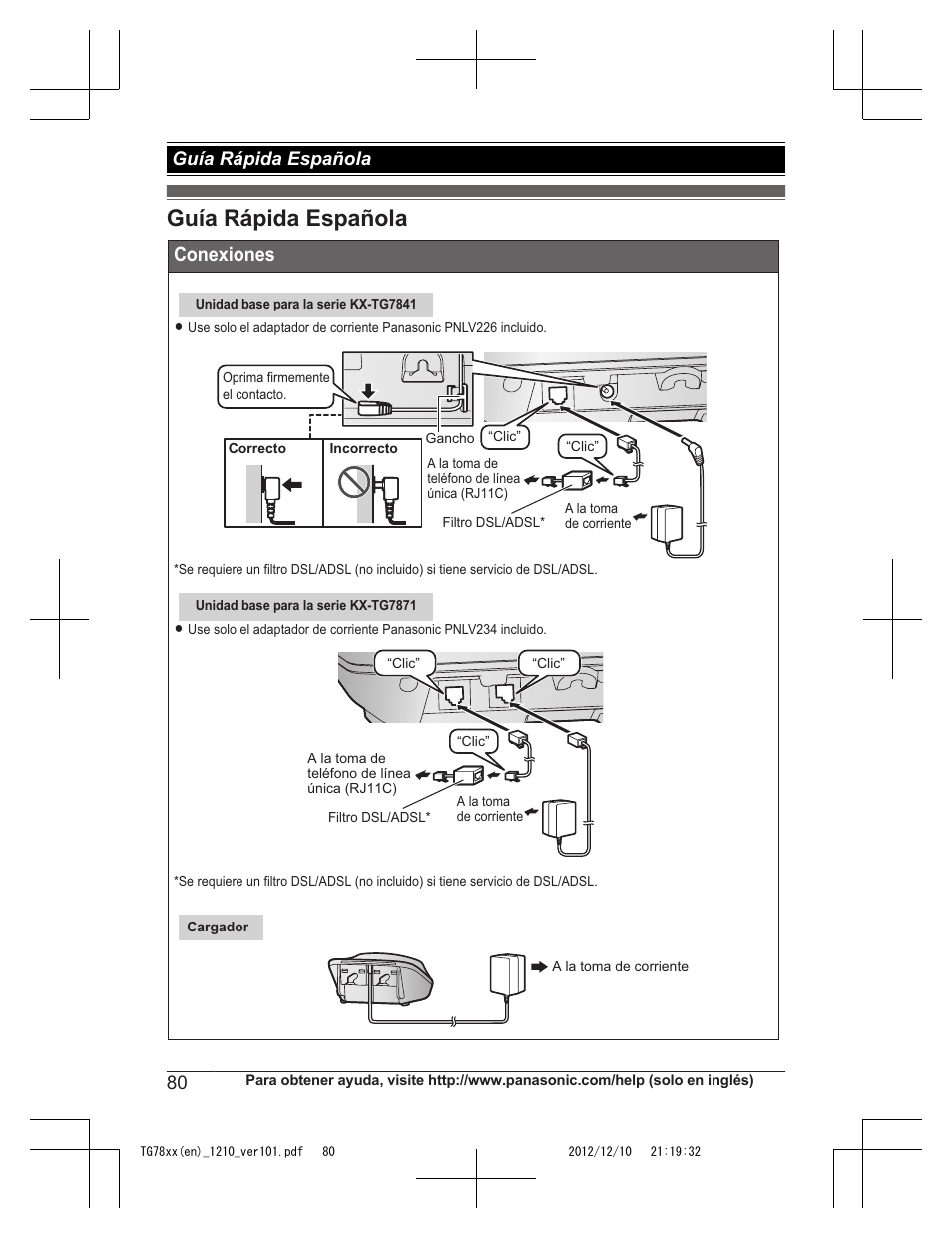 Guía rápida española, Conexiones | Panasonic KXTG7873 User Manual | Page 80 / 96