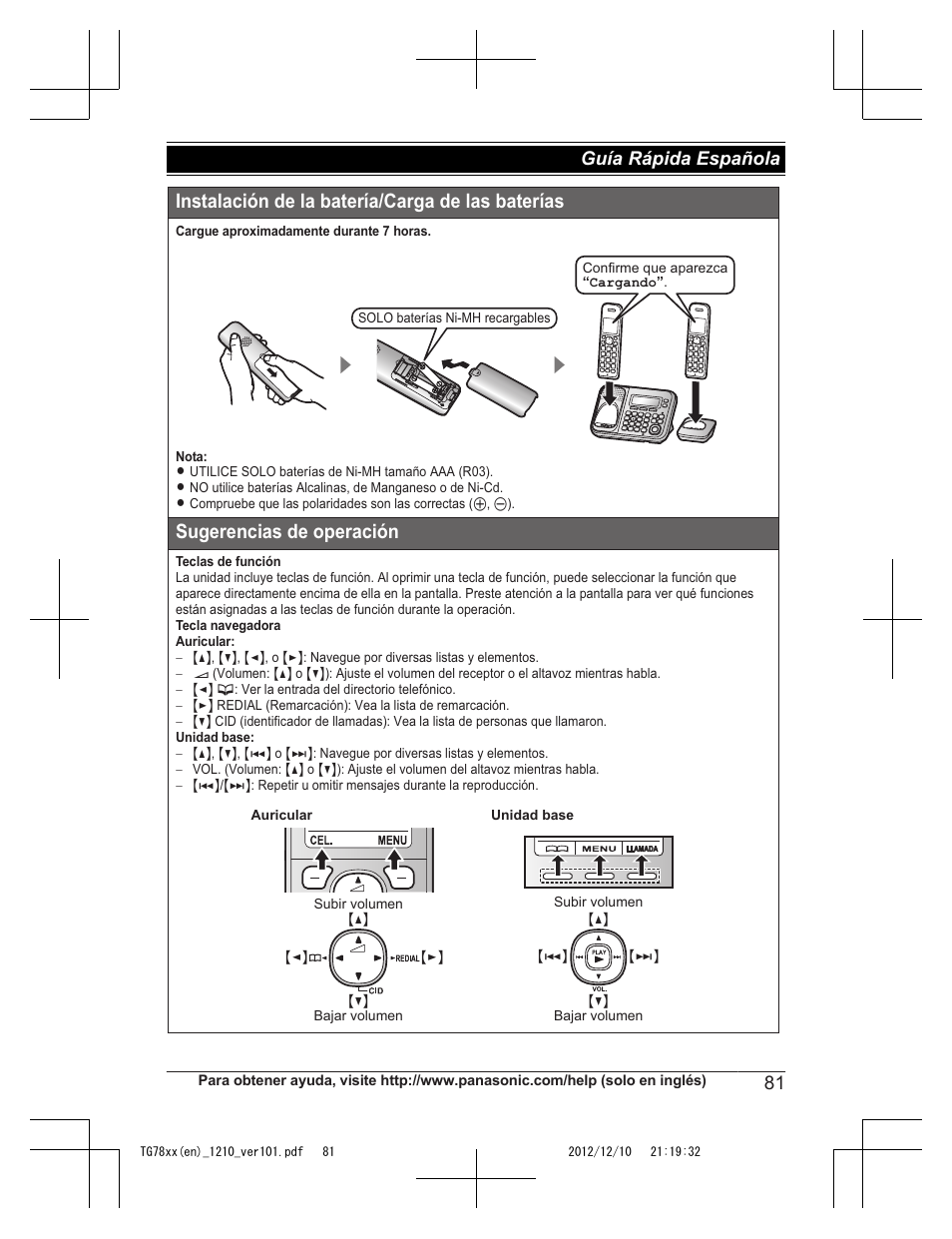 Instalación de la batería/carga de las baterías, Sugerencias de operación, 81 guía rápida española | Panasonic KXTG7873 User Manual | Page 81 / 96