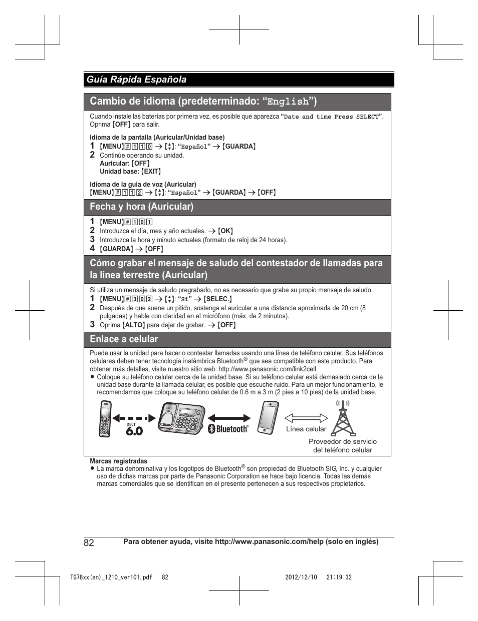 Cambio de idioma (predeterminado: “english”), Fecha y hora (auricular), Enlace a celular | Guía rápida española | Panasonic KXTG7873 User Manual | Page 82 / 96